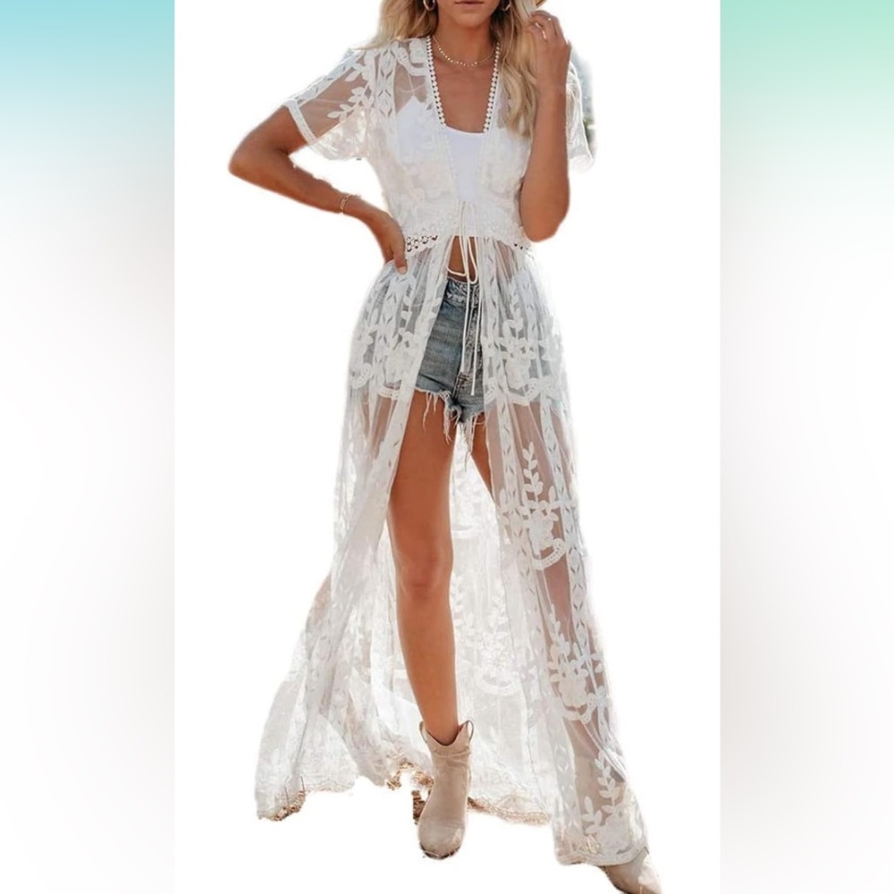 Sheer White Embroidered Lace Kimono